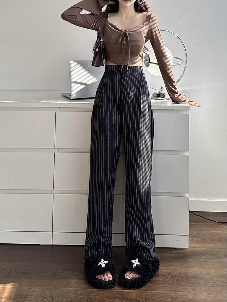 Women's Korean Striped Wide-Leg Pants - Slim, Versatile, Loose Fit for Spring & Autumn 2025