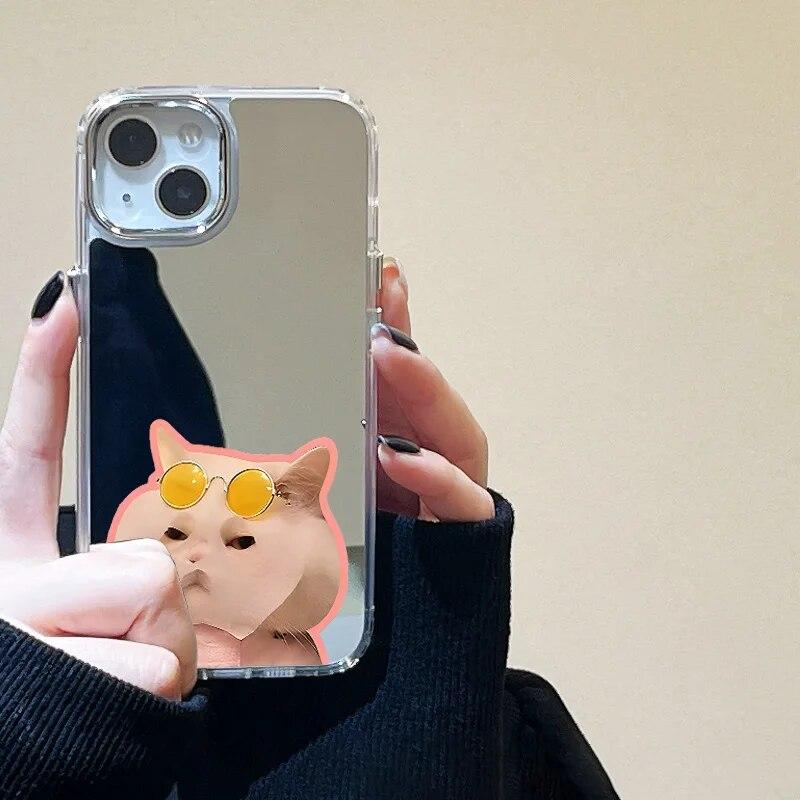 Korean Cute Cartoon Cat Mirror Phone Case For iPhone 15 Pro Case iPhone 14 11 12 13 Pro Max X XS XR Shockproof Love Heart Cover