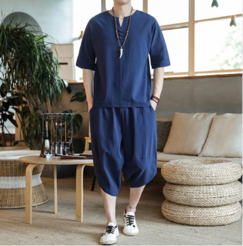 Summer Men's Linen Suit Chinese Style Large Size Loose Cropped Pants Casual Tang Suit Cotton and Linen Two-piece Suit