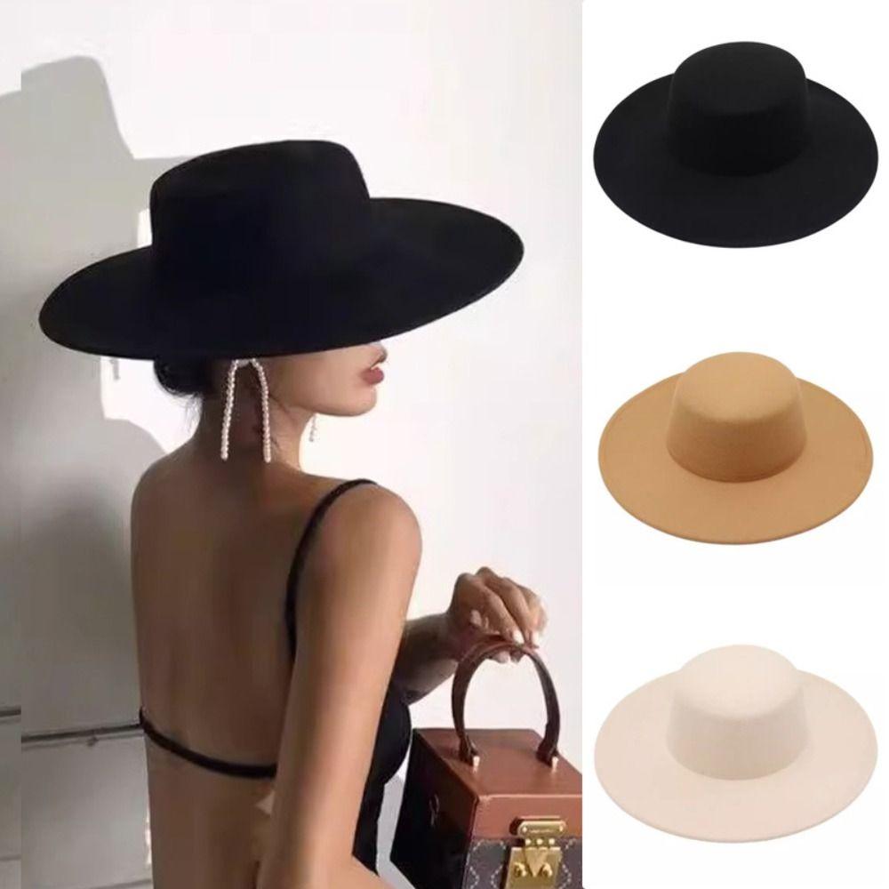 French Wide Brim Felt Hat Elegant Flat-top Cap New Women Flatcap  Women