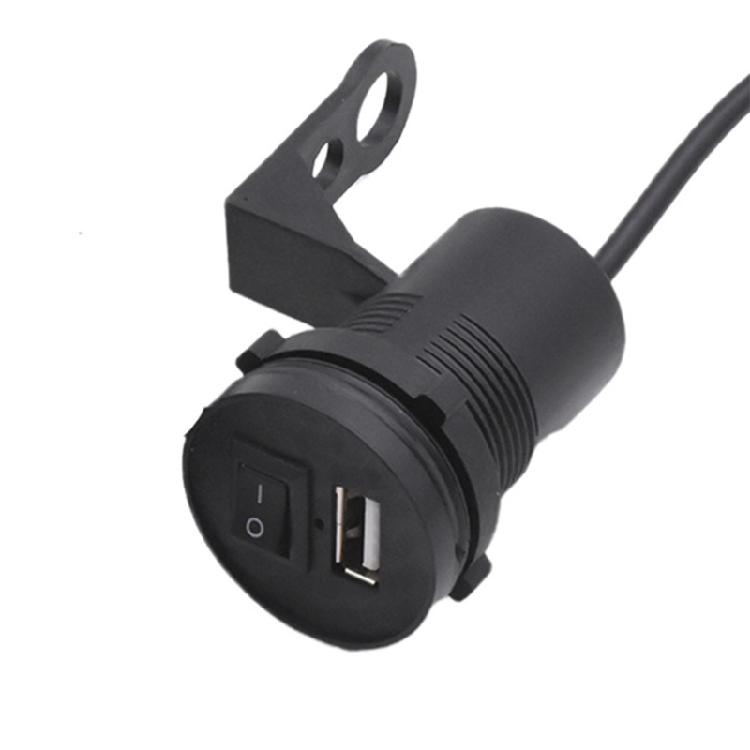 E-Bike and Scooter USB Charger with 9-24V Input and 5V 1.5A USB-A Output, Black PC Housing, On-Body Power Control, Cable, and Metal Mount