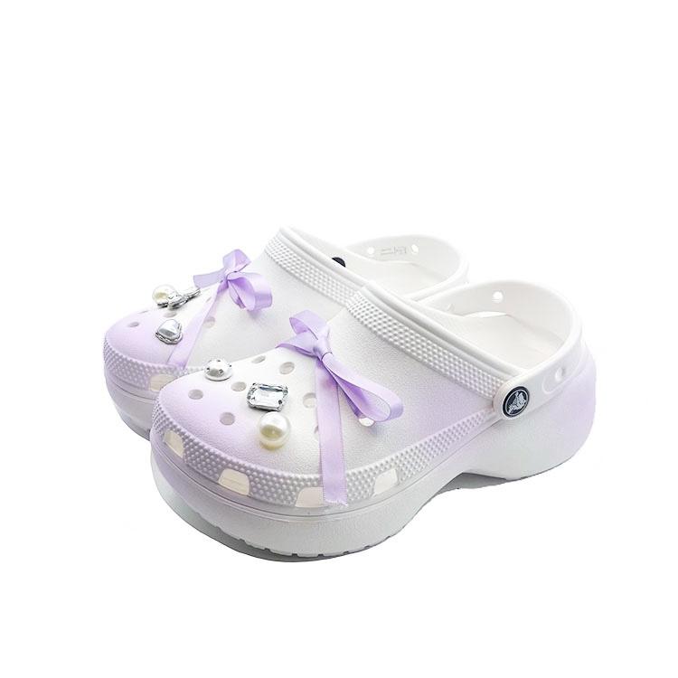 Crocs Classic Platform Lined Clog Purple Bow Beach EVA Comfortable and Versatile Hole Shoes Unisex White