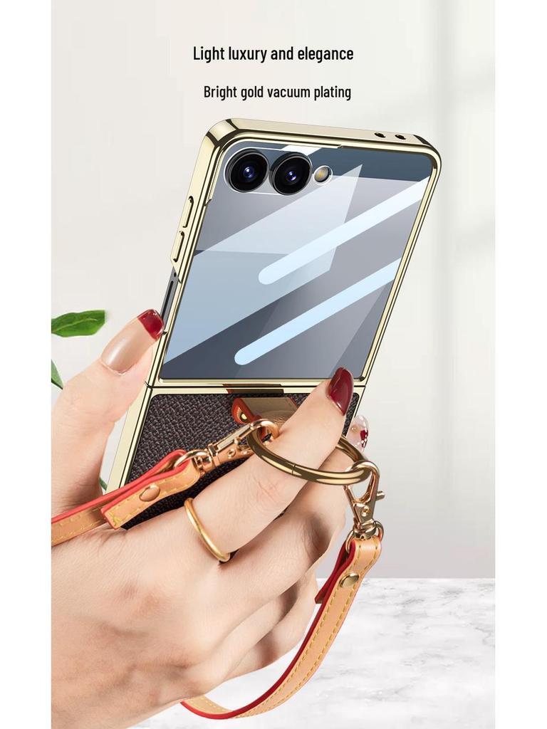 Чехол из ПУ-кожи для Galaxy Z Flip7 с гальванизированным кольцом и ремешком - Защитный чехол в стиле «Аромат»
