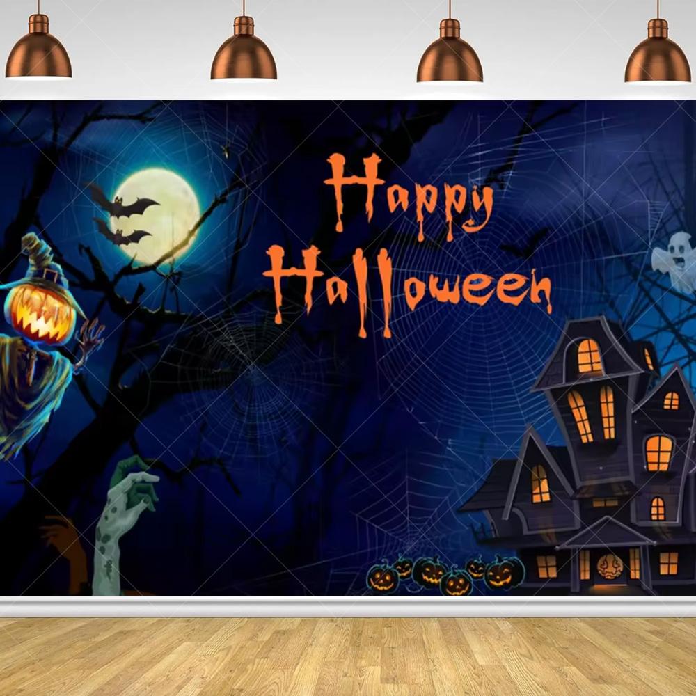 Halloween Horror Night Party Family Gathering Pumpkin Lantern Evil Witch Black Castle Cemetery Forest Background Cloth backdrop