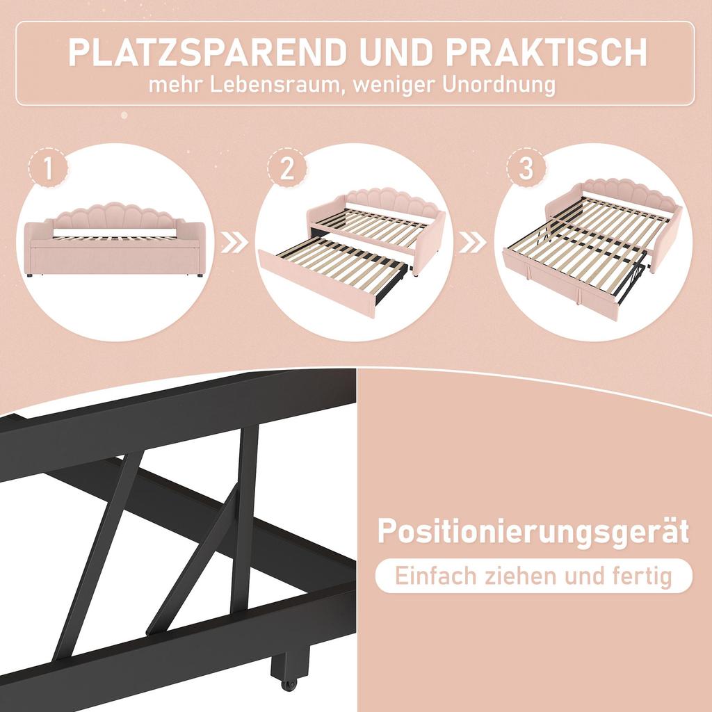 Диван-кровать Flieks Дневная кровать 90×200 см (выдвижной до 180×200 см) со светодиодной лентой с изменяющимся цветом, розовый