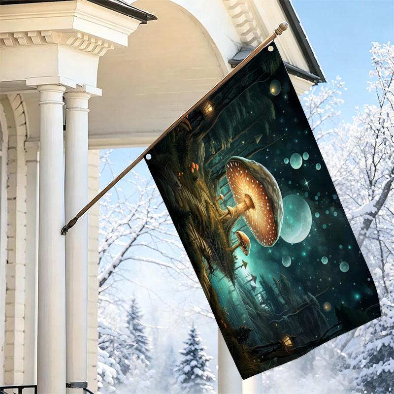 2D Flat - 2D Flat - 1pc 2D Flat, Decorative Banner, Fantasy Forest Mushroom And Full Starry Sky Pattern Flag, Artistic Nightscape Tapestry, Living Roo