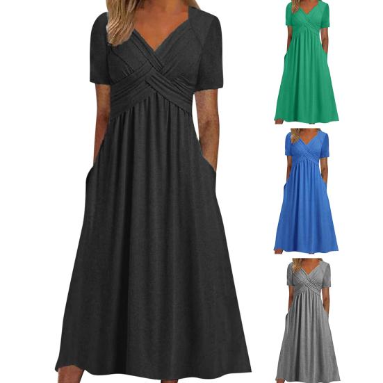 Женское летнее платье с плиссированным ремешком и V-образным вырезом с короткими рукавами, однотонное платье с карманами трапециевидной формы со свободным подолом, дышащее мягкое платье миди для свиданий