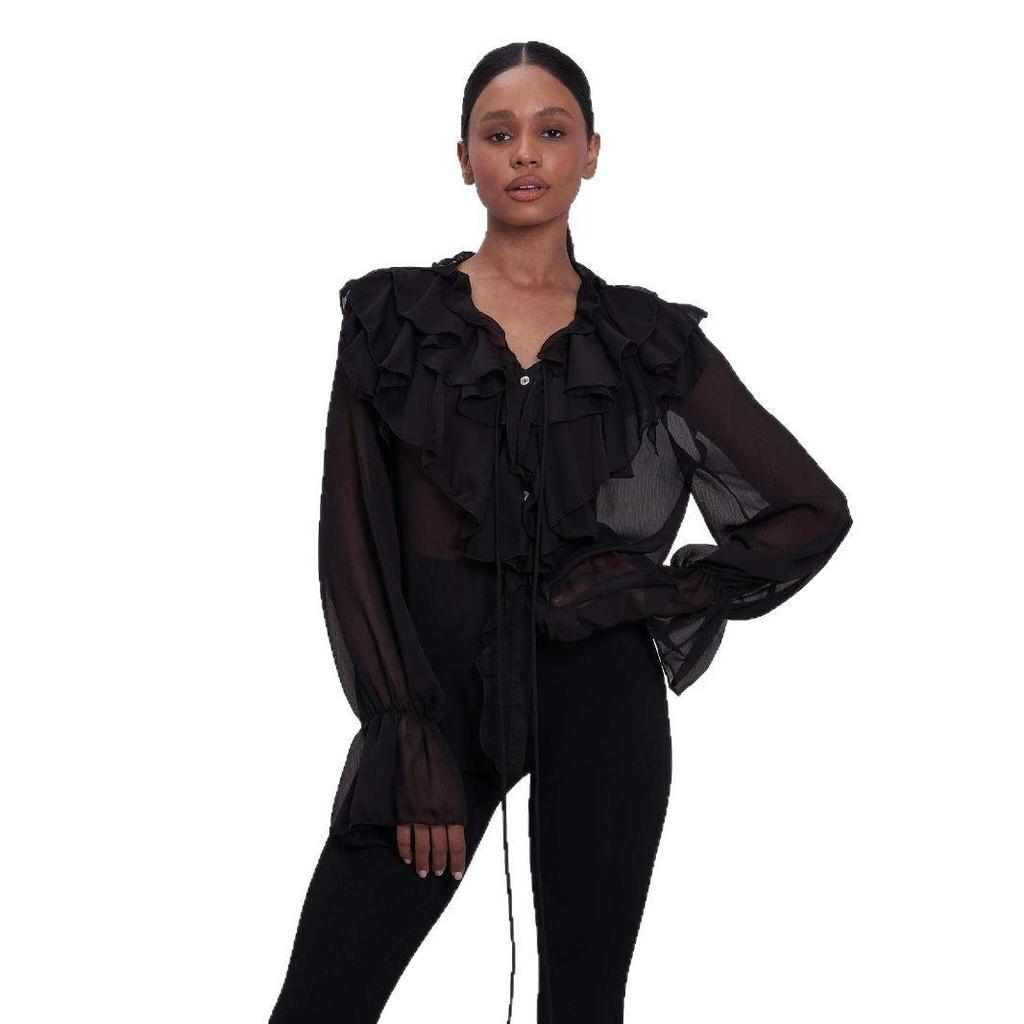 Стильная европейская и американская блузка с завязками, пышными рукавами и оборками, V-образным вырезом - однотонный женский весенний топ