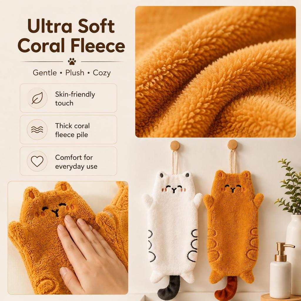 2-Pack Cute Cartoon Cat Coral Fleece Hanging Towels - Ultra Soft, Quick-Dry | for Kitchen & Bathroom Hand Towels with Loop | Adorable White & Yellow