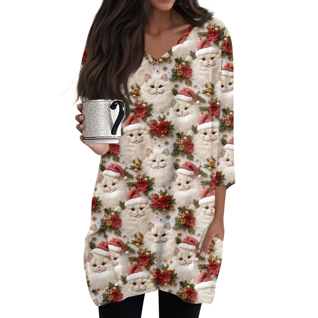 Женские топы с V-образным вырезом и рукавом 3/4, повседневные блузки средней длины, модные туники с рождественским принтом и карманами