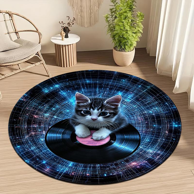 Cat Space Style Flannel-printed round floor mats are slip-resistant Suitable for living room bedroom terrace garden carpets