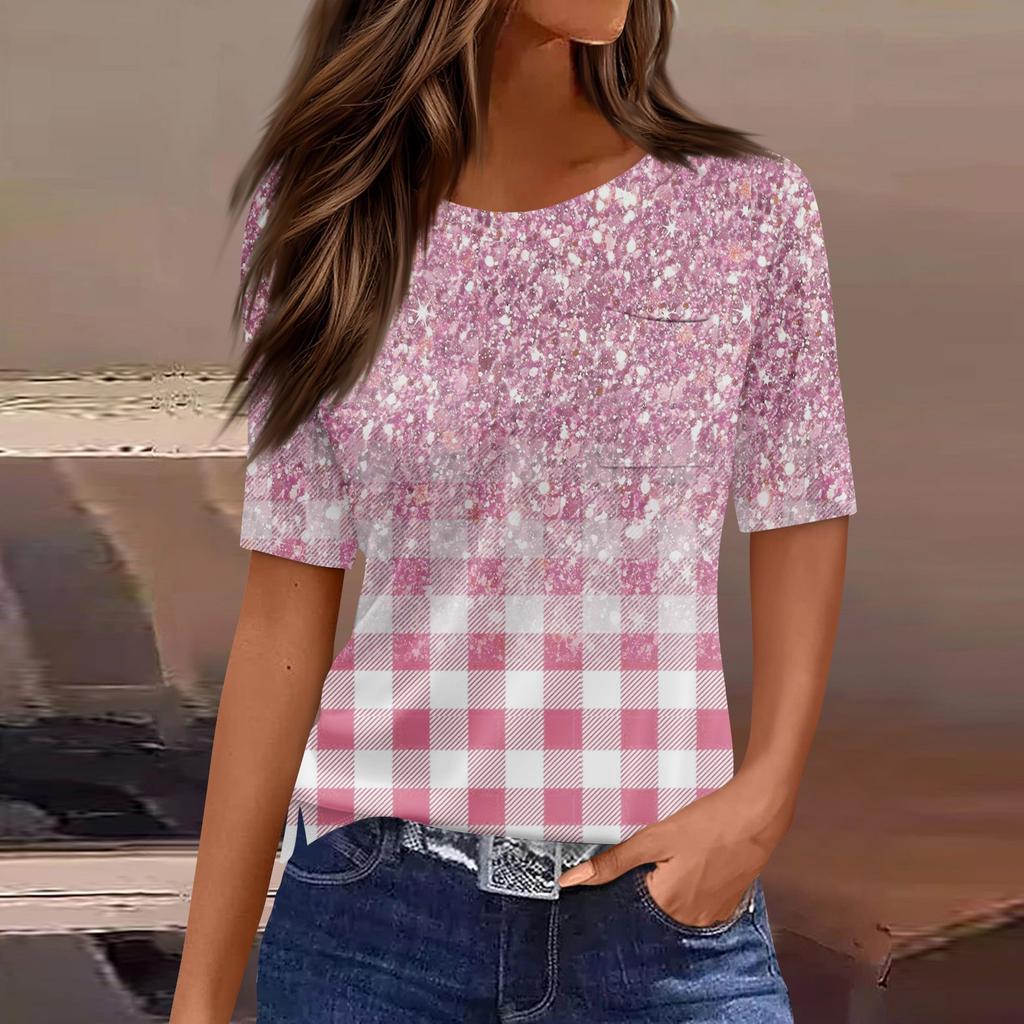 Футболки для женщин, плиссированные, с круглым вырезом, нарядные, повседневные, блузки с принтом, с коротким рукавом, летние топы, свободный крой