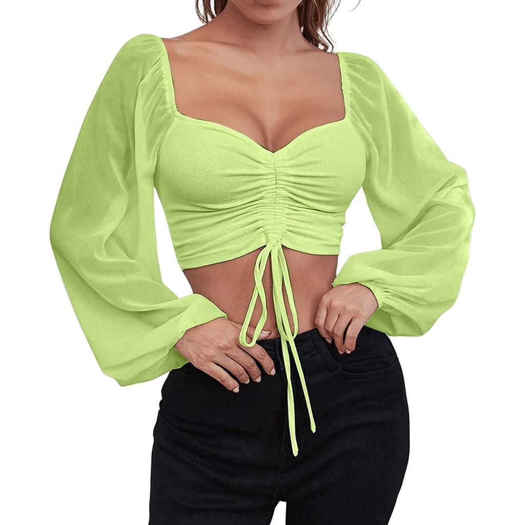 Ladies Casual Solid Color Square Neck Pullover Mesh Splicing Sexy Fashion Top
