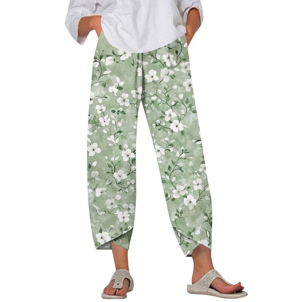 Брюки женские летние повседневные широкие брюки с эластичной резинкой на талии и принтом с карманами