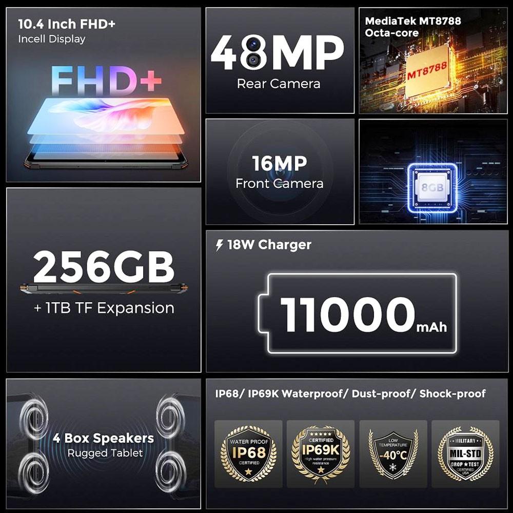 FOSSiBOT DT1 10.4in FHD Tablet, MT8788 Octa-core, 8GB RAM 256GB ROM, 16MP Front Camera 48 Rear Camera, Android 13