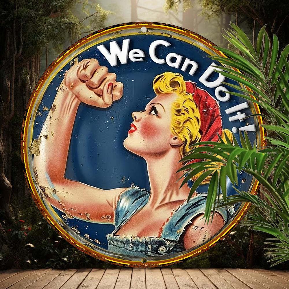 1pc Vintage "We Can Do It!" Round Wooden Sign, 8x8 Inch Engraved Poster, Wall Hanging Art for Home Bedroom Living Room Decor, Ideal Gift for Friends