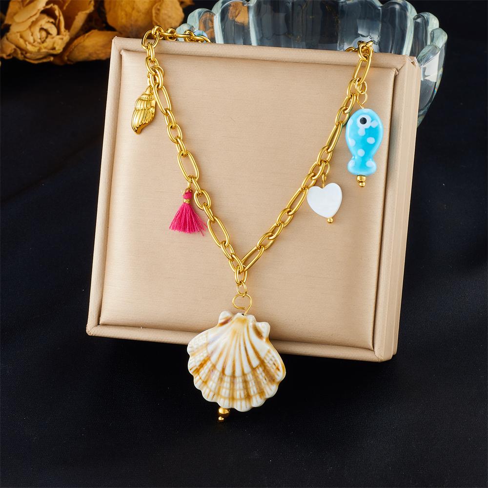 DIEYURO 316L Stainless Colored Sea Shell Conch Sea Stars Pearl Pendant Necklace Lady New Fashion Neck Chain Jewelry Party Gift