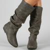 Женские сапоги кожаные сапоги до колена осень-зима без застежек на плоской подошве с круглым носком женские сапоги Botas De Mujer Chaussure Femme Zapatilla