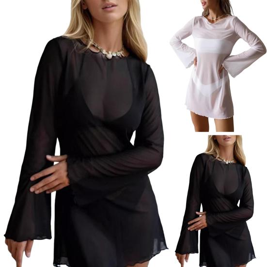 Women's Sexy Sheer Mesh Swimsuit Cover Up Round Neck Long Bell Sleeves Beach Bodycon Mini Dress Summer Bikini Cover-up