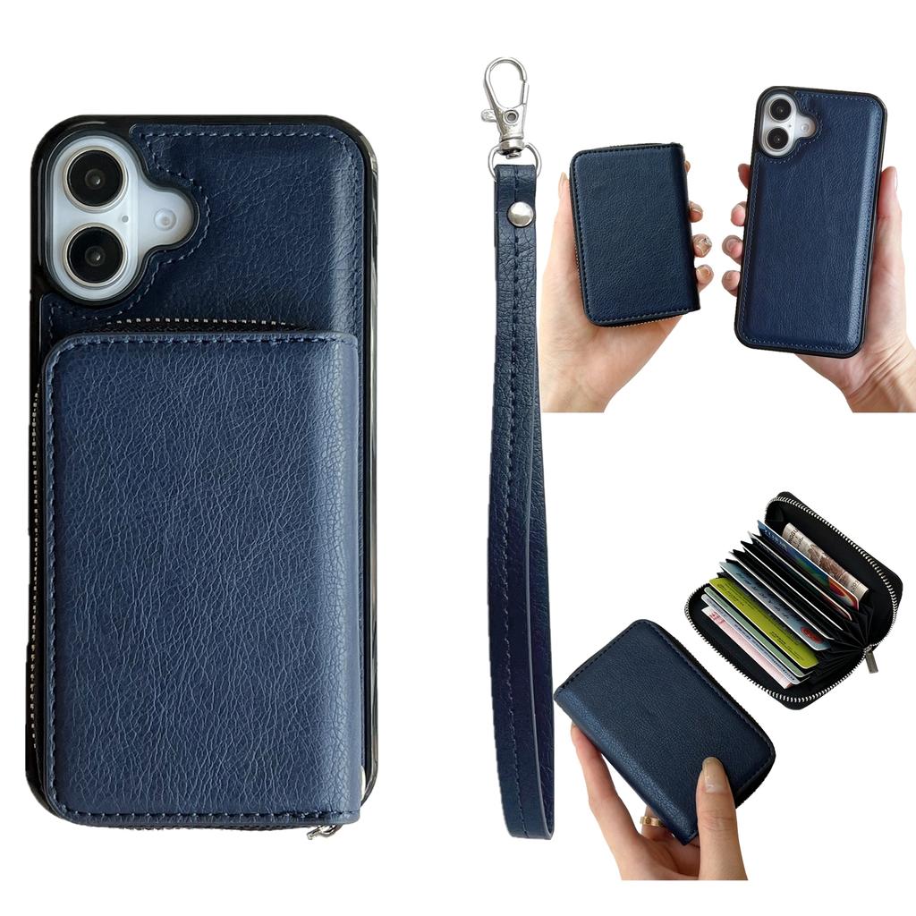 For iPhone 17 Case Detachable Zipper Card Bag PU TPU Kickstand Phone Case with Strap