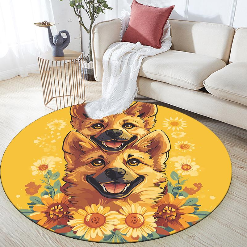 Dog on Yellow Background,Round Area Rug,Carpet Rug for Living Room Bedroom Sofa Playroom Decor,Non-slip Floor Mat