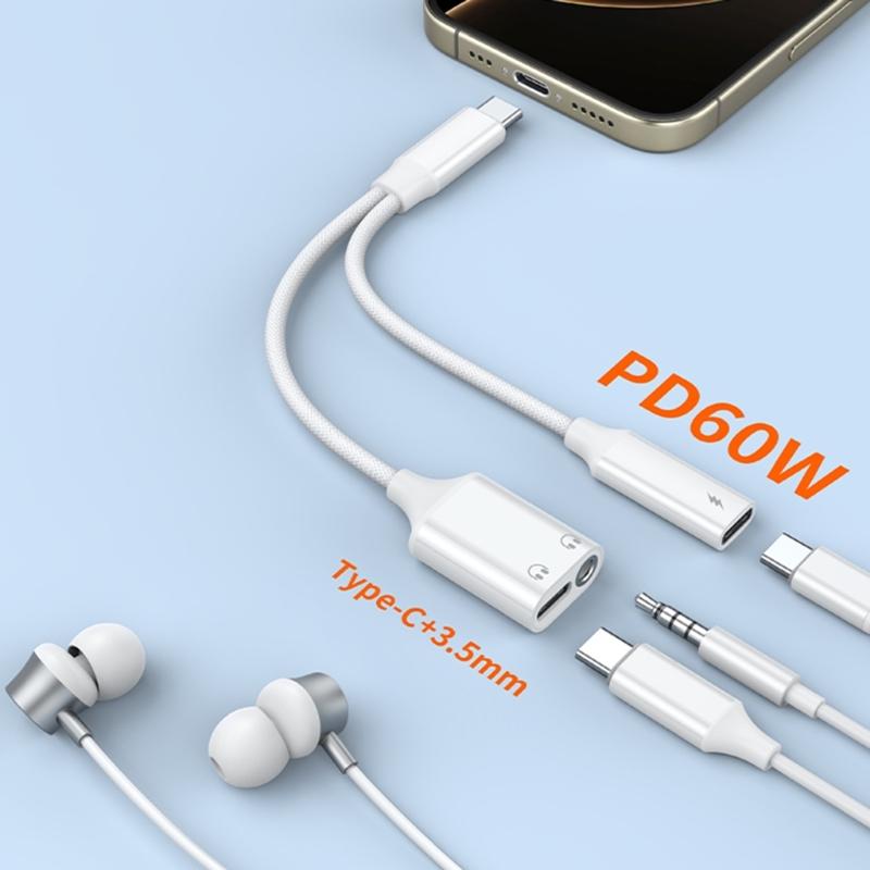 Разветвитель для наушников Type C с поддержкой PD60W, Hi-Fi звук, кабель в нейлоновой оплетке, одновременная зарядка и использование звука