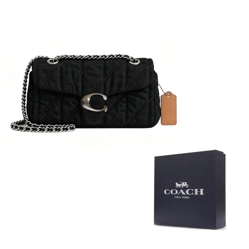 Coach Полосатая 20 Металлическая подвеска с логотипом C Джинсовая и кожаная (наппа) Сумка женская Серебристый Черный CR701-LHBLK