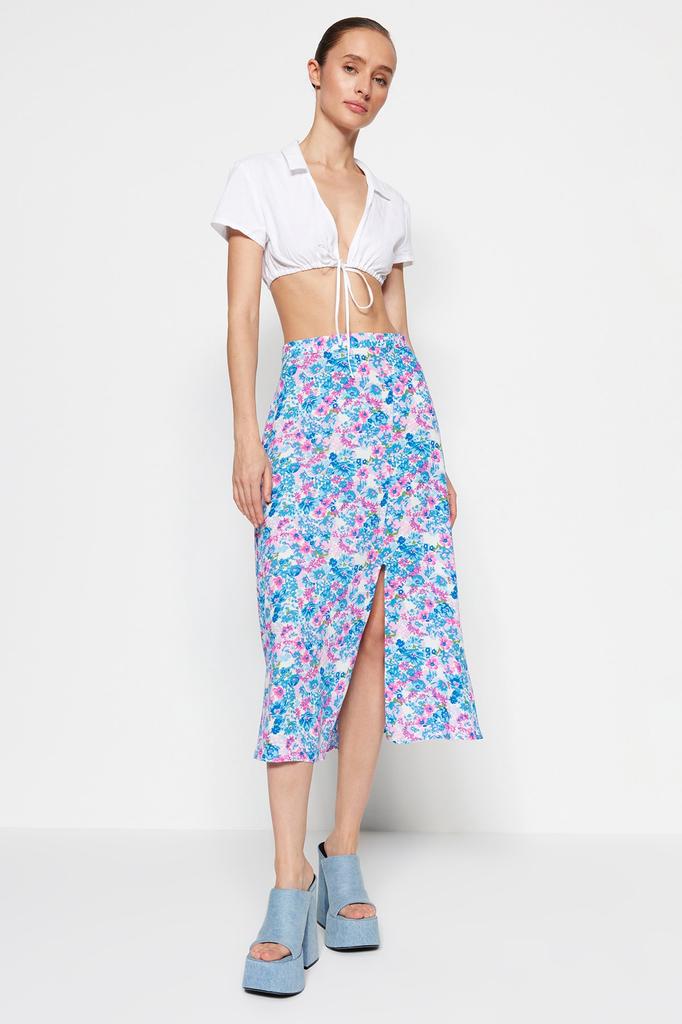 Women's Fashion Purple Printed High Waist Midi Stretchy Knitted Skirt with Gather Detail and Flounce