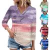 Womens 3/4 Sleeve Daily Weekend V Neck Casual Printed Tshirts Loose Fit Pleated Tees Ladies Blouse