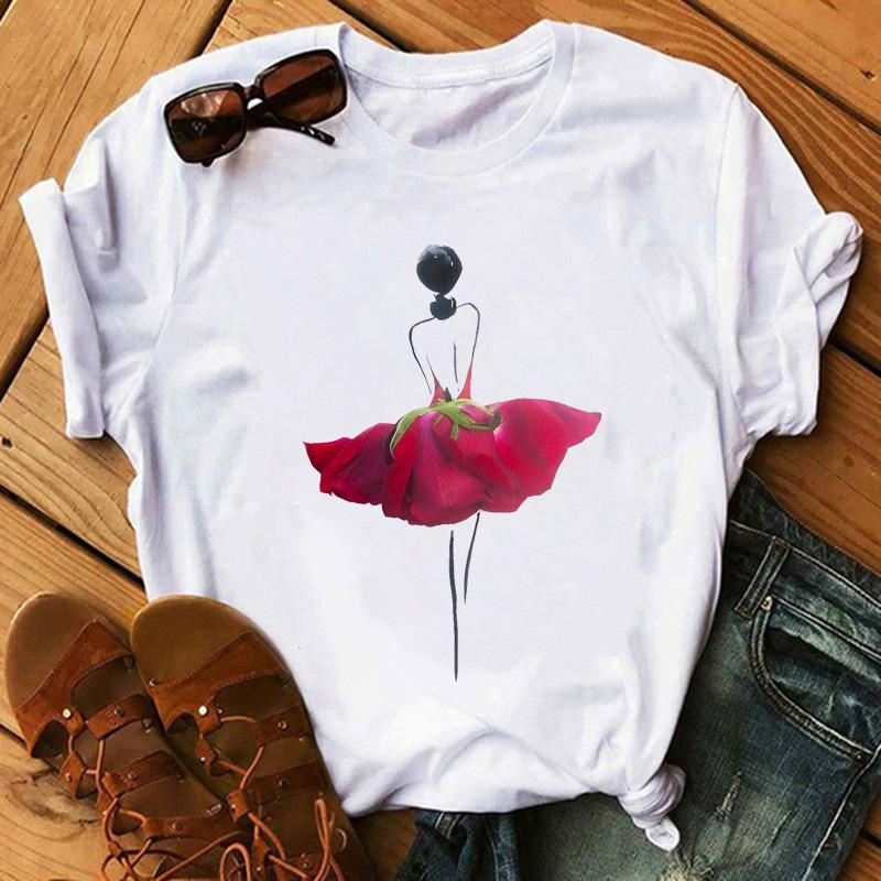 Мода Цветы Красная Роза Принт Юбка Футболка Женская Футболка Женская Харадзюку Короткий Рукав Летние Топы Футболка