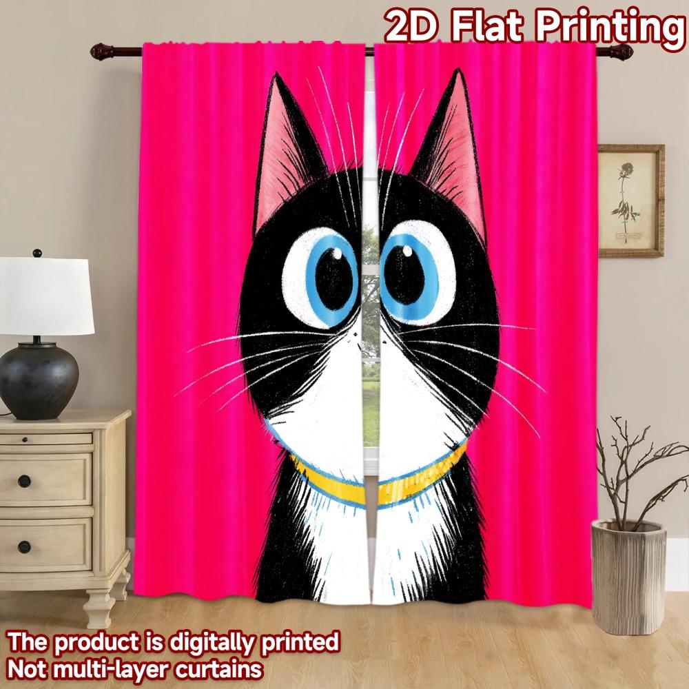 2D flat printing 2pcs Drapes Cute Cat Pet Portrait Digital Printed Polyester Drapes Family Party Use for Holiday Home Decor &