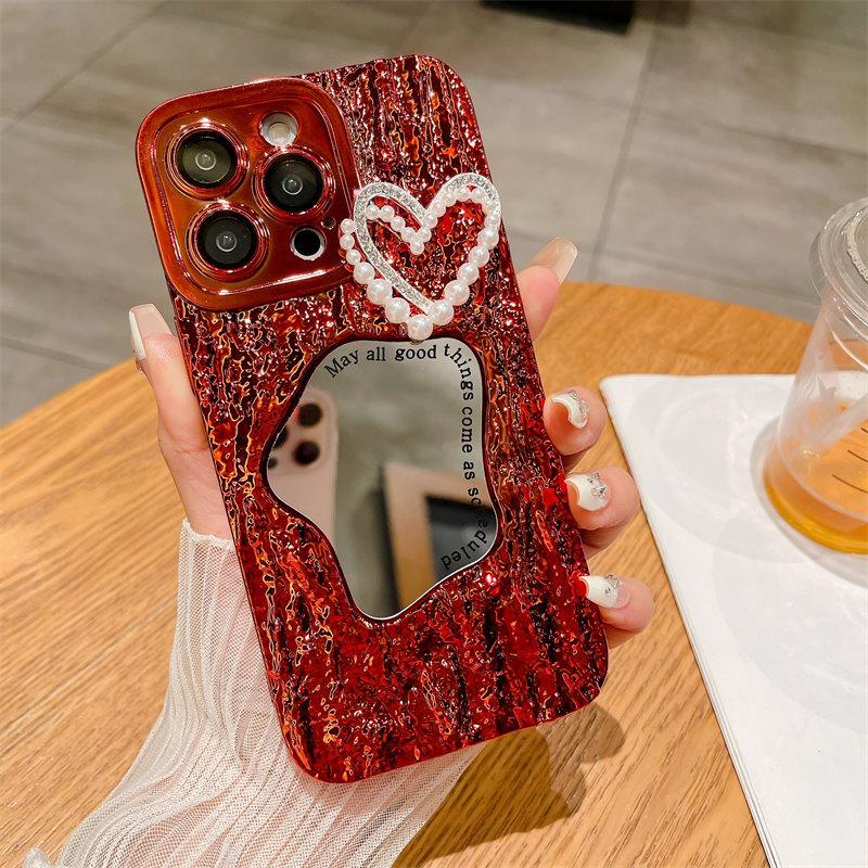Роскошный чехол для макияжа с зеркальным принтом в виде камня и жемчужным сердечком для iPhone 15 Pro Max 14 13 12 Pro Max 11, универсальный защитный чехол от падения