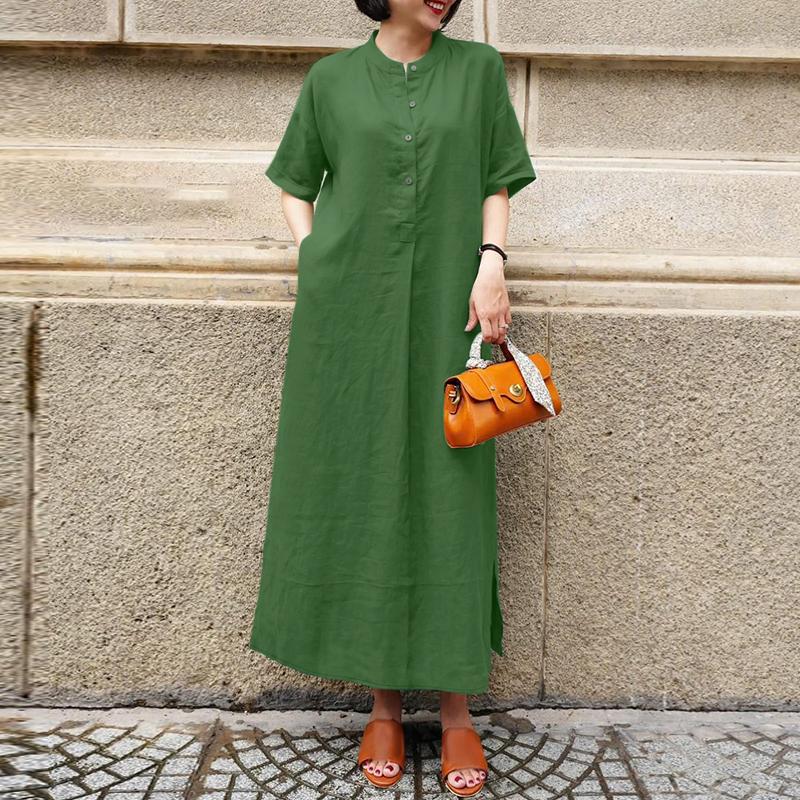 ZANZEA Женское повседневное летнее платье с воротником-стойкой и коротким рукавом