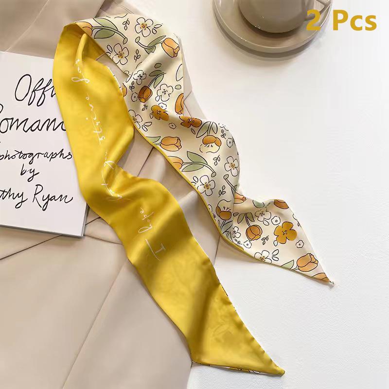 2/5Pcs Retro Yellow Multifunctional Decoration Small Silk Scarf Temperament Headband Long Ribbon Headband Bow Hair Accessories