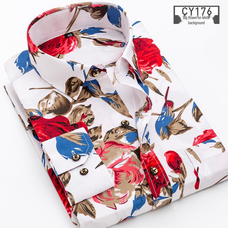 Новая мужская рубашка с длинным рукавом в клетку и цветочным принтом Slim Fit - Корейская повседневная мода