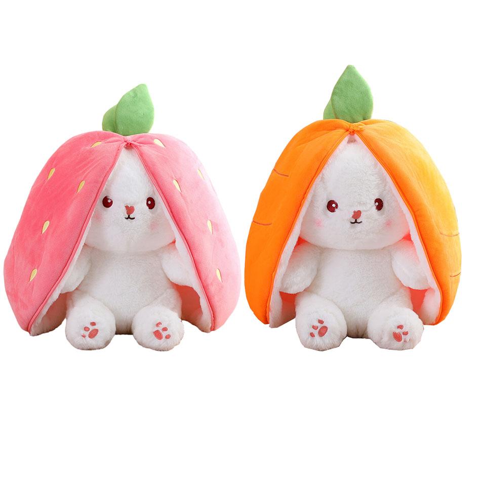 25cm Cosplay Strawberry Carrot Rabbit Plush Toy Stuffed Creative Bag Into Fruit Transform Baby Cuddly Bunny Plushie Doll For Kid