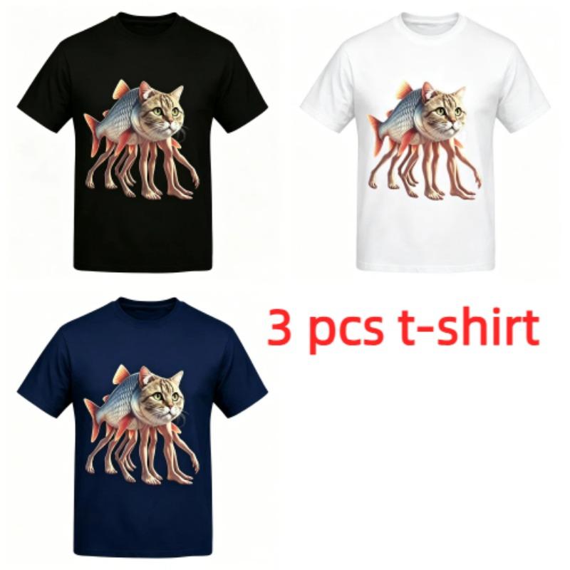 Funny Cartoon Fish Cat Monster Print Men's T-Shirts Summer Fashion Street Outdoor Casual T-shirt Tops for Men's and Women's Tees Top