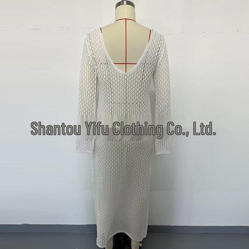 European-American V-Neck Hollow Texture Long-Sleeve Beach Dress