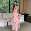 Women's Summer French Print Sexy Halter Long Waist Dress