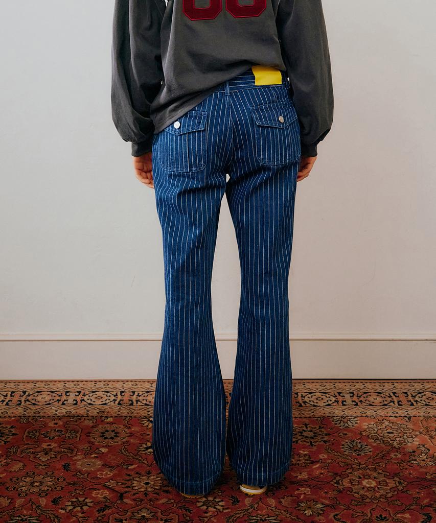 GREENBUTTER Pinstripe Bootcut Denim Pants (Deep Blue)