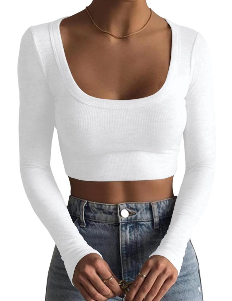 New 2025 Slimming Ribbed Short T-shirt with Long Sleeves and Round Neck.