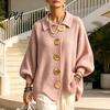 Long Sleeve Sweater Women Oversized Knit Cardigan Sweater, Collared Top with Large Metal Buttons, Loose Lantern Casual for Spring Autumn Button Front