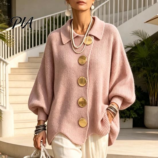 Long Sleeve Sweater Women Oversized Knit Cardigan Sweater, Collared Top with Large Metal Buttons, Loose Lantern Casual for Spring Autumn Button Front