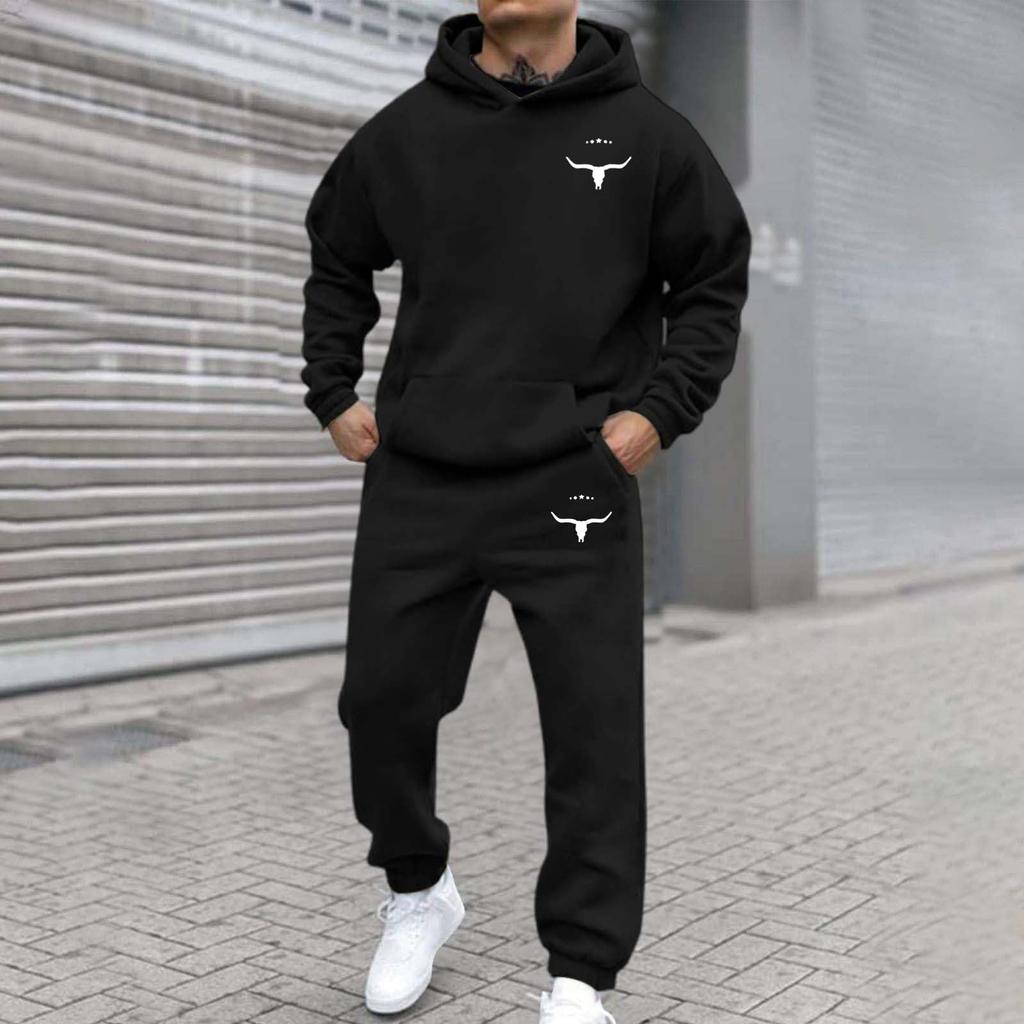 Men's Casual And Personalized Printed Long-sleeved Hooded Sweatshirt, Men's Sports Sweatshirt And Sweatpants Two-piece Set
