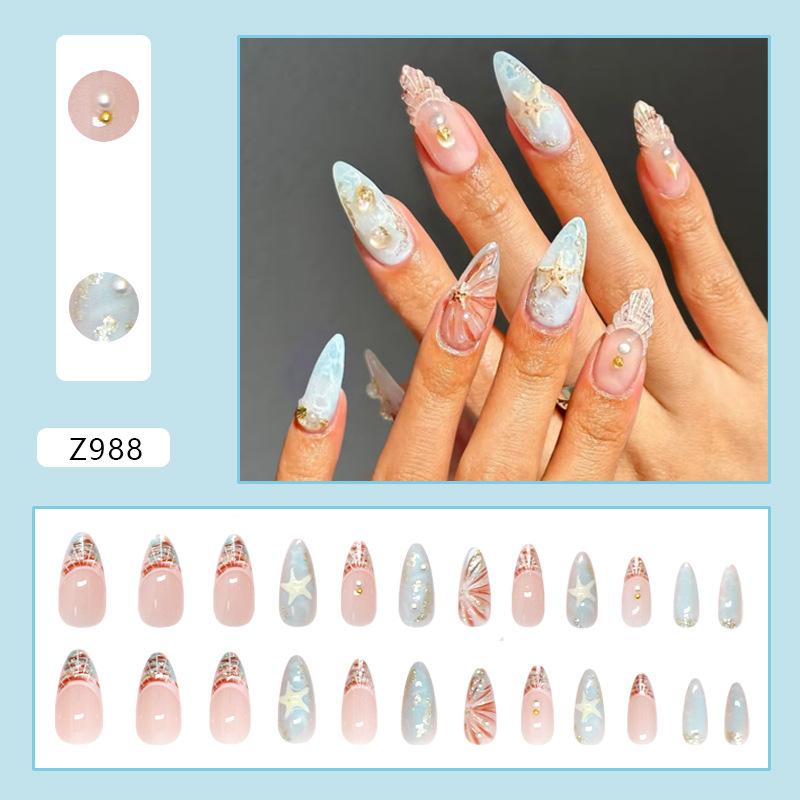 Medium and long almond nail three-dimensional starfish fine flash blue ocean braided French detachable nail art piece drill 24 pieces