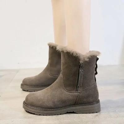 Модная женская обувь 2024 года, горячая распродажа, женские ботинки на молнии, зимние, с круглым носком, из цельного флика и бархата, теплые, удобные, на низком каблуке, зимние ботинки