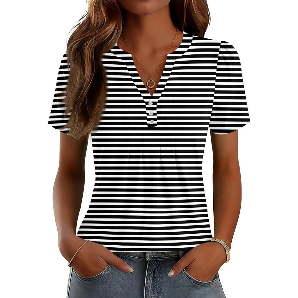 Женские Топы Элегантные Повседневные Рубашки с V-образным вырезом и коротким рукавом Плиссированные Блузки Туника на пуговицах