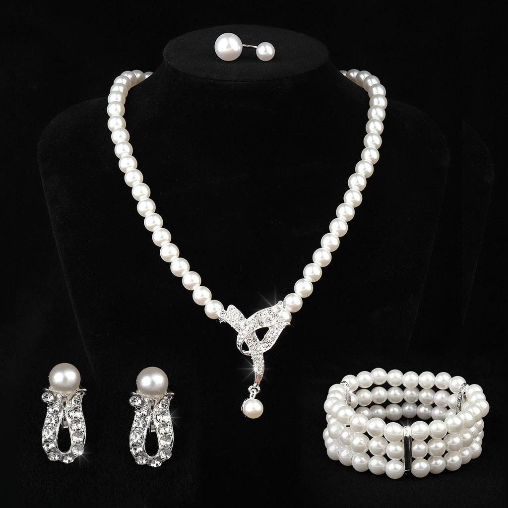 European and American light luxury high-grade flash pearls multi-layer stacked necklaces retro-level full diamond neck chain earrings bridal set