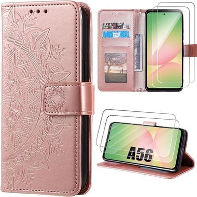 Чехол для Samsung Galaxy A56 5G - BOOLING - Ударопрочный Синтетическая кожа Рисунок Розовой Мандалы - 2 Закаленных Стекла