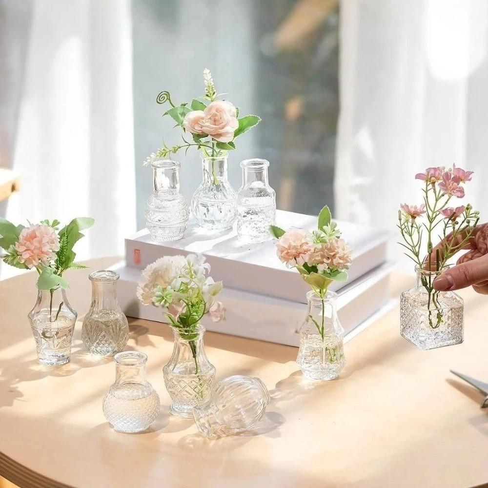 10 ШТ./НАБОР Ретро Рельефная Мини-Ваза из Стекла Кристально Чистая Европейский Стиль Ваза для Цветов Элегантный Декоративный Маленький Набор Ваз Офис